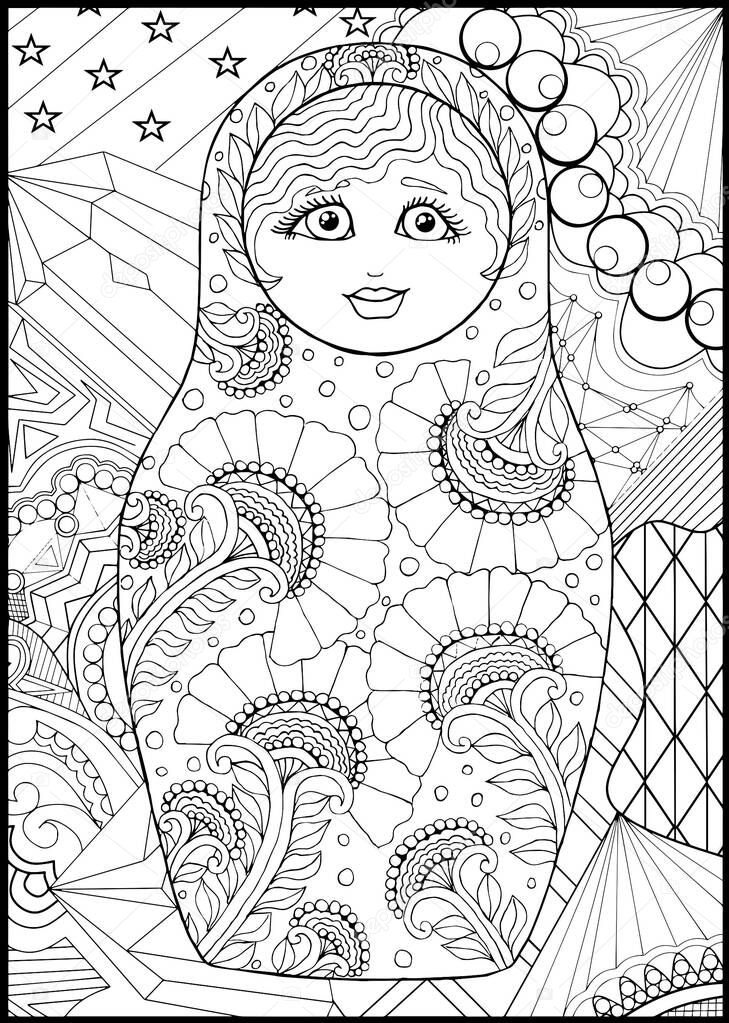 Black and white russian matreshka doll coloring page, postcard, illustration, post card, greeting card. Russian matryoshka hand drawn sketch. Nesting doll vector illustration.