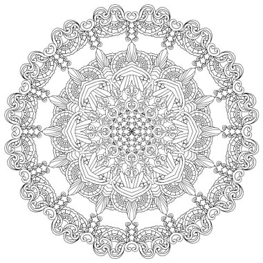 Siyah ve beyaz alışılmadık mandala, elementlerle kusursuz desen, kare, yuvarlak, çapraz ya da başka şekillerde. Dantelli el çizimi, bedava el resmi. Vektör