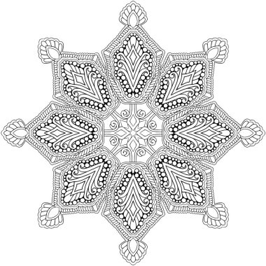 Siyah ve beyaz alışılmadık mandala, elementlerle kusursuz desen, kare, yuvarlak, çapraz ya da başka şekillerde. Dantelli el çizimi, bedava el resmi. Vektör