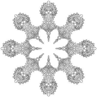 Siyah ve beyaz alışılmadık mandala, elementlerle kusursuz desen, kare, yuvarlak, çapraz ya da başka şekillerde. Dantelli el çizimi, bedava el resmi. Vektör