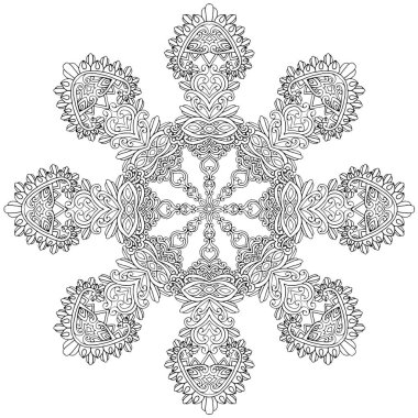 Siyah ve beyaz alışılmadık mandala, elementlerle kusursuz desen, kare, yuvarlak, çapraz ya da başka şekillerde. Dantelli el çizimi, bedava el resmi. Vektör