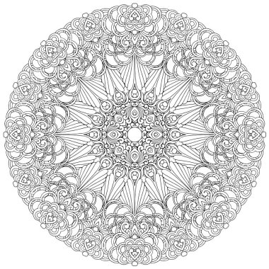 Siyah ve beyaz alışılmadık mandala, elementlerle kusursuz desen, kare, yuvarlak, çapraz ya da başka şekillerde. Dantelli el çizimi, bedava el resmi. Vektör