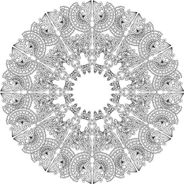 Siyah ve beyaz alışılmadık mandala, elementlerle kusursuz desen, kare, yuvarlak, çapraz ya da başka şekillerde. Dantelli el çizimi, bedava el resmi. Vektör