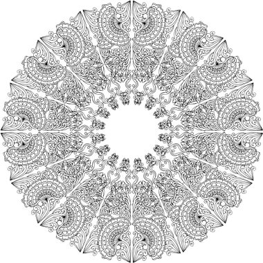 Siyah ve beyaz alışılmadık mandala, elementlerle kusursuz desen, kare, yuvarlak, çapraz ya da başka şekillerde. Dantelli el çizimi, bedava el resmi. Vektör