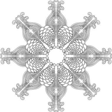 Siyah ve beyaz alışılmadık mandala, elementlerle kusursuz desen, kare, yuvarlak, çapraz ya da başka şekillerde. Dantelli el çizimi, bedava el resmi. Vektör