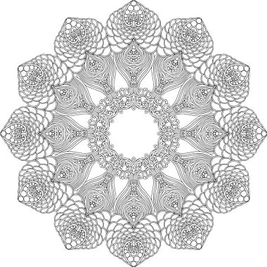 Siyah ve beyaz alışılmadık mandala, elementlerle kusursuz desen, kare, yuvarlak, çapraz ya da başka şekillerde. Dantelli el çizimi, bedava el resmi. Vektör