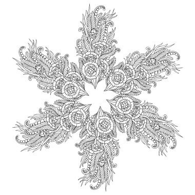 Siyah ve beyaz alışılmadık mandala, elementlerle kusursuz desen, kare, yuvarlak, çapraz ya da başka şekillerde. Dantelli el çizimi, bedava el resmi. Vektör