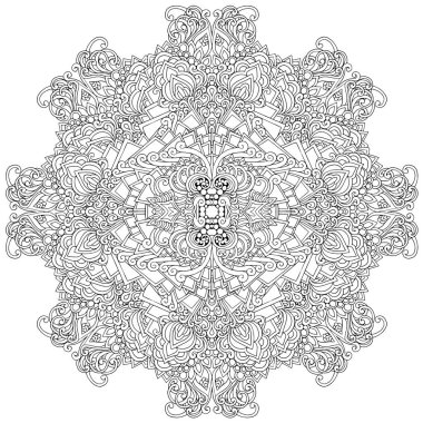 Siyah ve beyaz alışılmadık mandala, elementlerle kusursuz desen, kare, yuvarlak, çapraz ya da başka şekillerde. Dantelli el çizimi, bedava el resmi. Vektör