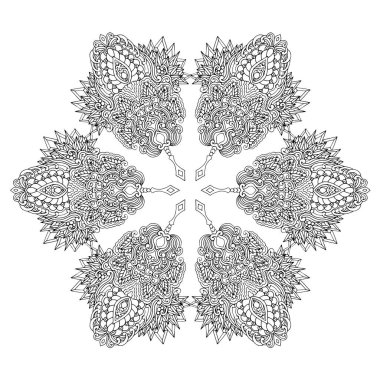 Siyah ve beyaz alışılmadık mandala, elementlerle kusursuz desen, kare, yuvarlak, çapraz ya da başka şekillerde. Dantelli el çizimi, bedava el resmi. Vektör