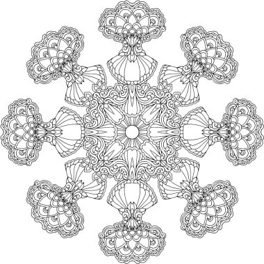 Siyah ve beyaz alışılmadık mandala, elementlerle kusursuz desen, kare, yuvarlak, çapraz ya da başka şekillerde. Dantelli el çizimi, bedava el resmi. Vektör