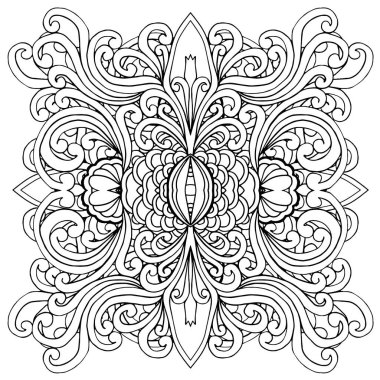 Siyah ve beyaz alışılmadık mandala, elementlerle kusursuz desen, kare, yuvarlak, çapraz ya da başka şekillerde. Dantelli el çizimi, bedava el resmi. Vektör