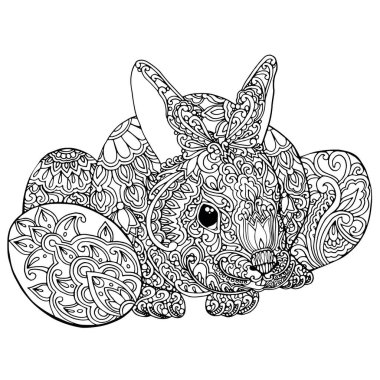 Paskalya yumurtası boyama sayfası, kartpostal, illüstrasyon, kartpostal, tebrik kartı, el çizimi, izole vektör çizimi, karalama ve zenkaralama elementleriyle karalama çizimi yapan siyah beyaz Paskalya Tavşanı.