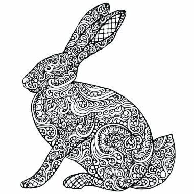 Siyah-beyaz Tavşan boyama sayfası, kartpostal, illüstrasyon, kartpostal, kartpostal, tebrik kartı el çizimi izole edilmiş vektör çizimi serbest çizim çizimi karalama ve zenkaralama elemanları