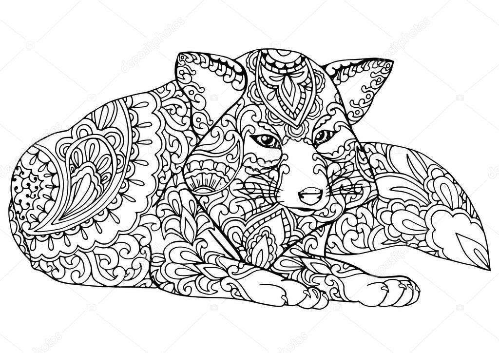 Black and white fox coloring page, postcard, illustration, post card, greeting card hand drawn sketch isolated vector illustration anti stress freehand sketch drawing with doodle and zentangle elements