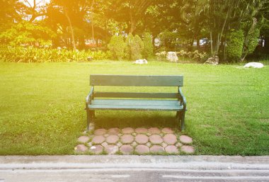 Güneş ışığı, seçici odak ile parkta yeşil sandalye