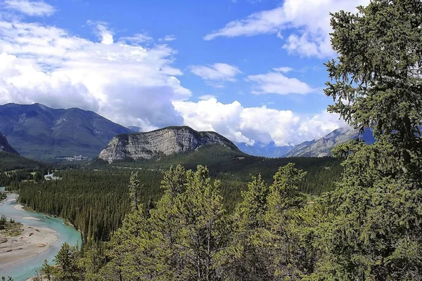 Calgary Ulusal Parkı 'ndaki River Valley ormanların ve dağların arasında.