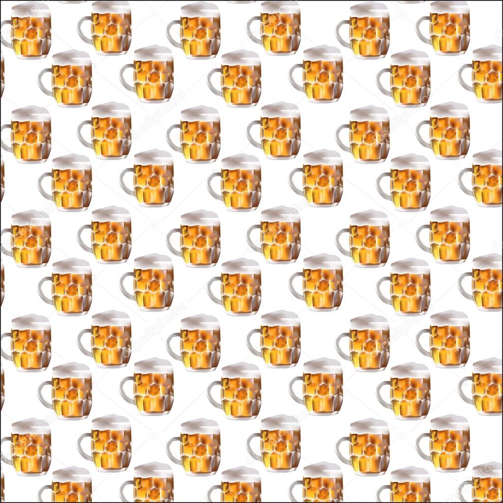 Beer seamless pattern. Beer mug vector background. Mug with foam