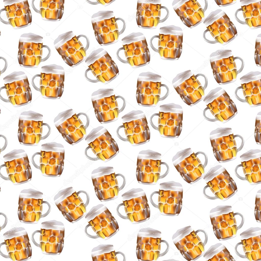 Beer seamless pattern. Beer mug vector background. Mug with foam