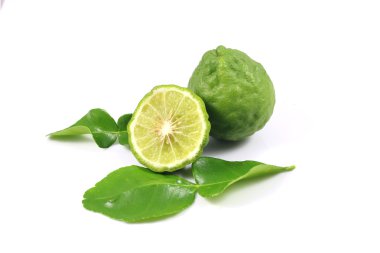 bergamot ve yaprak izole arka plan üzerinde grup.