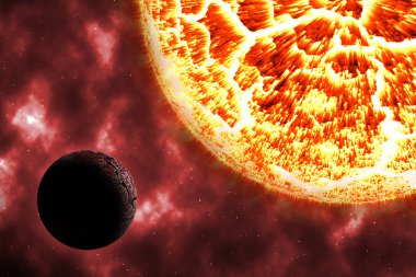 Güneş yanığı ölmüş gezegende cosmos kırmızı nebulaya