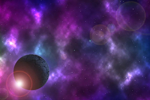 Planeta árido no espaço com nebulosa colorida — Fotografia de Stock