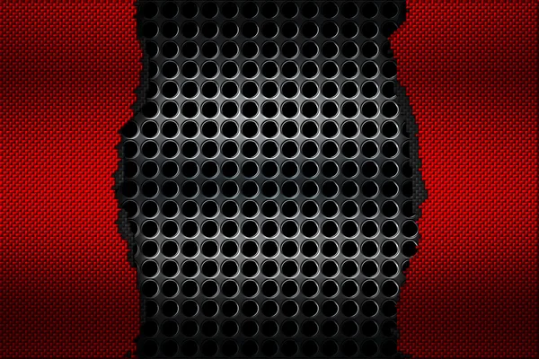 Black and red carbon fiber tear on the black metallic mesh. — Stock Photo, Image