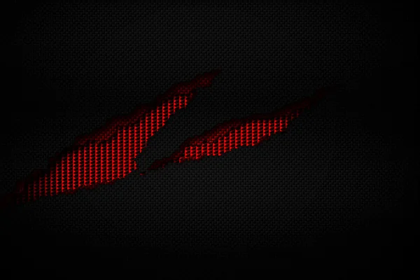 Black and red carbon fiber tear on the red metallic mesh. — Stock Photo, Image