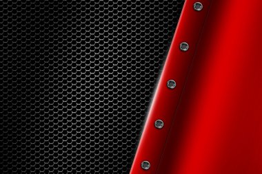 Kırmızı metal arka plan gri metalik kafes üzerinde perçin ile.