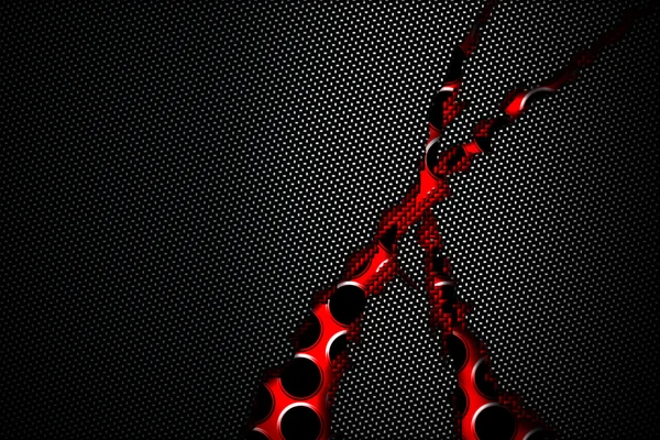 Desgarro de fibra de carbono negro y rojo en la malla metálica roja . — Foto de Stock