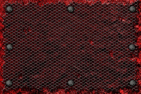Grunge metal arka plan. Kırmızı metal plaka ve siyah ızgara üzerinde perçin — Stok fotoğraf