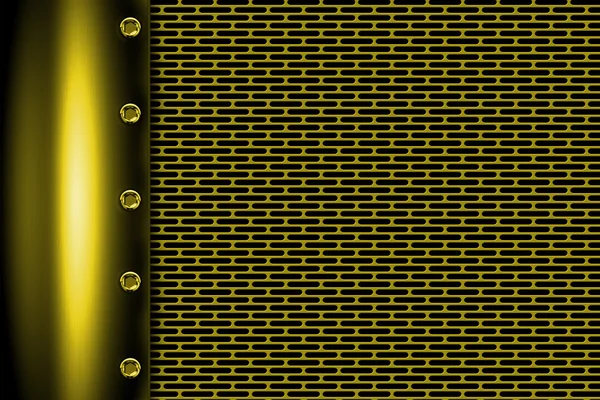 Gelber Metallhintergrund mit Nieten auf grauem Metallic-Netz. — Stockfoto