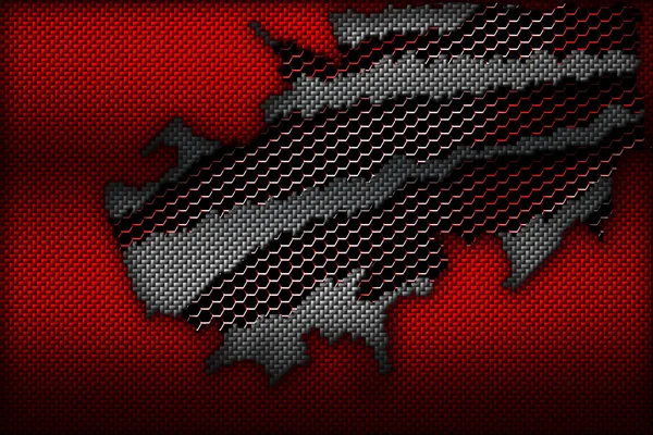 White and red carbon fiber tear on the red metallic mesh. — Stock Photo, Image