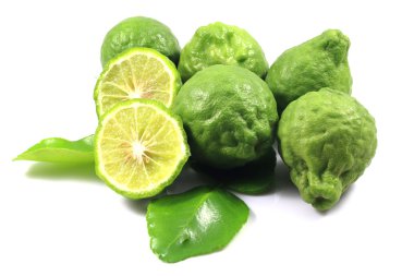 bergamot ve yaprak izole arka plan üzerinde grup.