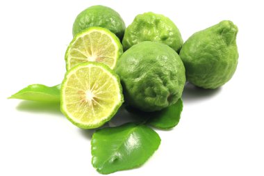 bergamot ve yaprak izole arka plan üzerinde grup.