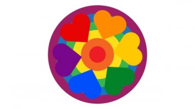 Canlandırılmış çok renkli gökkuşağı dairesi ve beyaz ve yeşil ekran arka planında kalp. Eşcinsel gururu, aşkı, özgürlüğü ve kalbi ile LGBT topluluğunun renginde mutlu bir gurur günü..