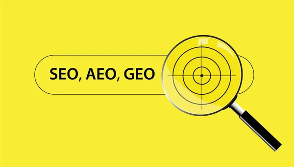 Seo, AEO ve Geo Arama Konsepti. Hedef sembol, görünürlük, başarı, iş tahminleri, analiz, pazarlama ve gelecekteki tahminlere odaklanan büyüteç.