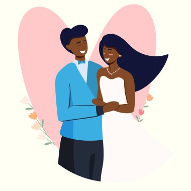 Siyah çift düğünü. Güzel yeni evliler. Vektör illüstrasyonu