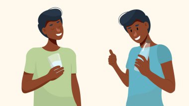 Elinde bir şişe su olan siyah bir adam. Su dengesi kavramı. Vektör illüstrasyonu