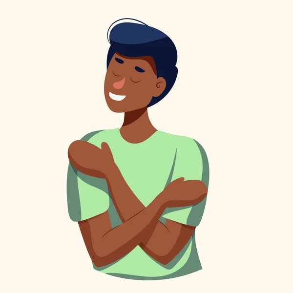 Siyah adam kendini kucaklıyor. Kendini sevme konsepti. Vektör illüstrasyonu