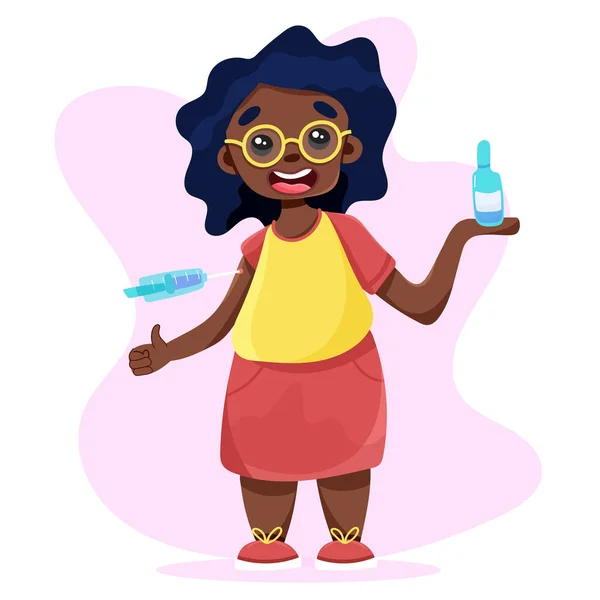 Black girl with a vaccine in her hands. A shot of the vaccine. Vector illustration.