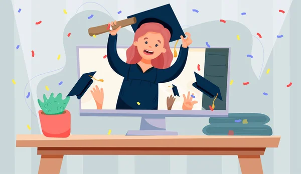 Girl Celebrates Her Graduation Online Mantle — 스톡 사진