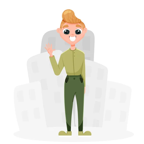 Şık bir adam şehrin arka planında duruyor ve elini sallıyor.