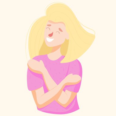 Kadın kendini kucaklıyor. Kendini sevme konsepti. Kendine dikkat et..