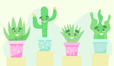 Şirin kaktüs ve sulu karakterler kümesi, düz stil vektör illüstrasyonu