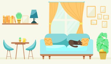 Rahat bir oturma odası. Büyük bir yemek odası. Düz biçimdeki şirin vektör illüstrasyonu.