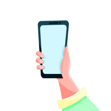 El ve telefon. Adam elinde bir akıllı telefon tutuyor. Düz biçimli vektör illüstrasyonu