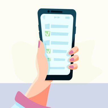 Ekranda yapılacak işler listesi. Telefonu tutan el. Düz biçimli vektör illüstrasyonu
