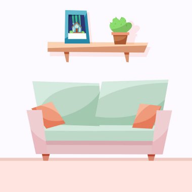 Tuvalette. Yastıklı kanepe. Düz biçimli vektör illüstrasyonu