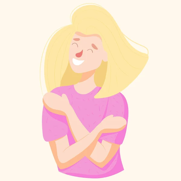 Kadın kendini kucaklıyor. Kendini sevme konsepti. Kendine dikkat et..