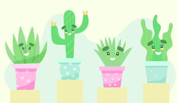 Aranyos Kaktusz Zamatos Karakterkészlet Vektorillusztráció Lapos Stílusban — Stock Vector